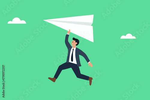 businessman throwing paper plan while sending email, email subscription to send newsletter for product promotions and updates, business launching concept, online communication illustration flat style