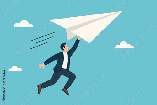 businessman throwing paper plan while sending email, email subscription to send newsletter for product promotions and updates, business launching concept, online communication illustration flat style