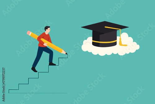 efforts to achieve higher education, cost to graduate high degree education, man uses a pencil to make a ladder leading to the graduation cap so he can achieve high education vector illustration