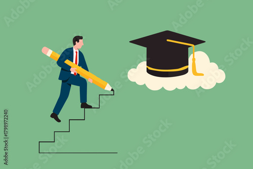 efforts to achieve higher education, cost to graduate high degree education, man uses a pencil to make a ladder leading to the graduation cap so he can achieve high education vector illustration