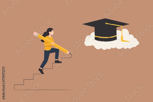 efforts to achieve higher education, cost to graduate high degree education, man uses a pencil to make a ladder leading to the graduation cap so he can achieve high education vector illustration