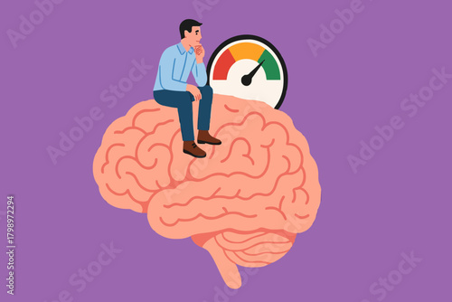 active your brain, smart thinking or emotional intelligence, smart businessman turn on switch on his own brain to high performance mode with flat design vector illustration