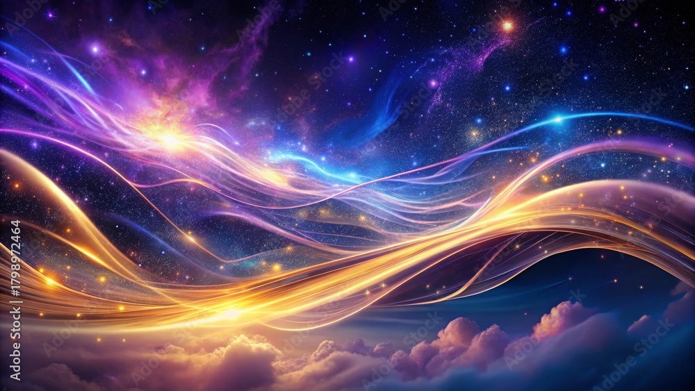 Naklejka premium Celestial Streams Across a Dreamlike Nightscape, Swirling Light and Cosmic Dust in a Vibrant, Abstract Artwork