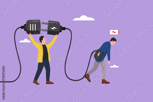 recharge energy or restore enthusiasm for work, refreshing from overwork or tiring activities, businessman connects electrical plug to power source to recharge low battery exhausted businessman worker