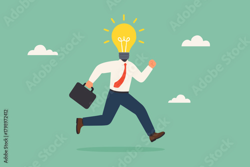 get new business idea or opportunity, intelligence or wisdom to drive career success, creativity or brilliant idea for business success, smart businessman jump with light bulb idea head illustration