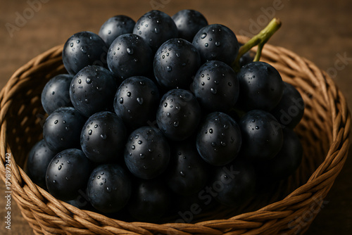 Wallpaper Mural Fresh Wet Black Grapes in Wicker Basket, Close-up Torontodigital.ca