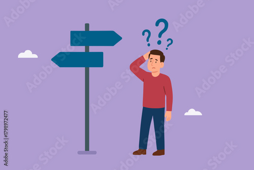 Illustration of a businessman who is confused about choosing his career direction, flat design choosing concept