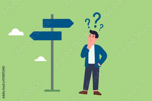 Illustration of a businessman who is confused about choosing his career direction, flat design choosing concept