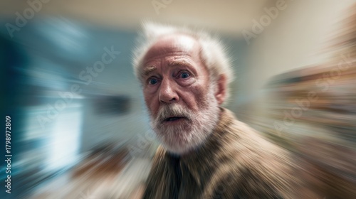 Old man feels anxious and forgetful during a zoom call as a result of Alzheimer's disease in a comfortable home setting