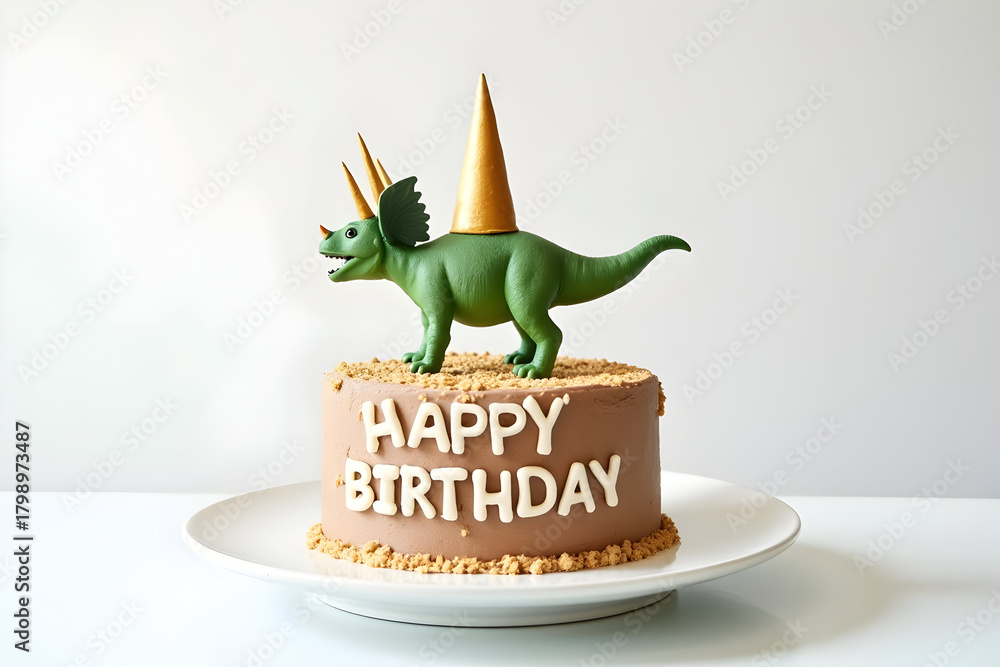 Obraz premium Happy Birthday Funny brown cake with cute green dinosaur topper