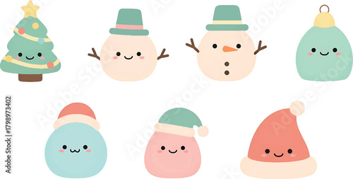 Cute Christmas Icons for Festive Designs Snowmen, Ornaments, and Tree