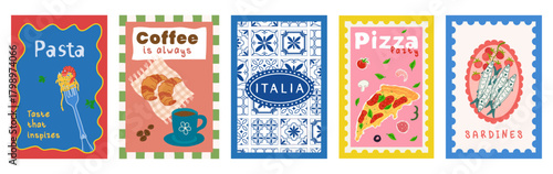 A set of minimalist posters themed around Italian cuisine and culture. Retro-style Italian cuisine. Mediterranean blue tiles, coffee, pizza, sardines, and pasta. Posters for kitchens, cafes, backdrops