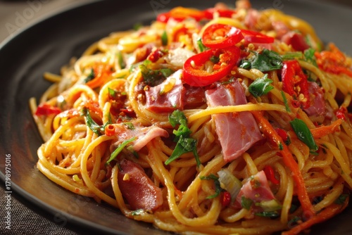 Delicious stirfried spicy spaghetti with ham and fresh vegetables served on a black plate
