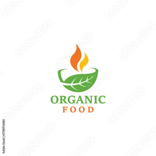 Organic food logo with green leaf bowl and vibrant orange yellow flame design