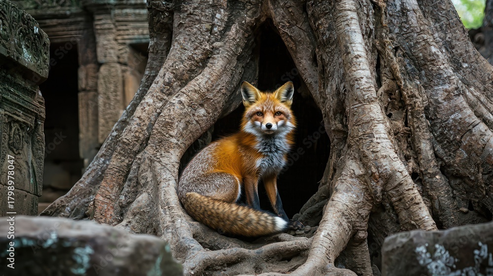 Obraz premium A red fox sitting in the center of a tree trunk with ancient temple ruins in the background.