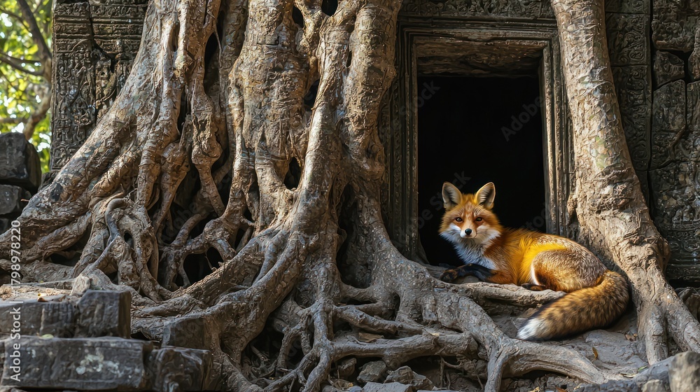 Naklejka premium A red fox resting on the roots of a tree in a temple setting.