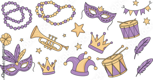 Cute Mardi Gras Icons: Hand-Drawn Carnival Masks, Beads & Festive Doodle Vector Set