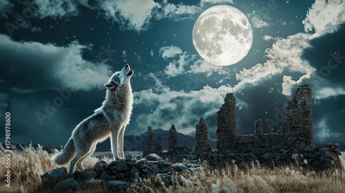 A wolf howling at the moon in a desolate landscape.