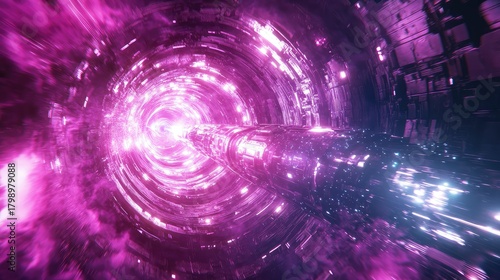 Fototapeta Naklejka Na Ścianę i Meble -  Spaceship traveling through purple hyperspace wormhole tunnel