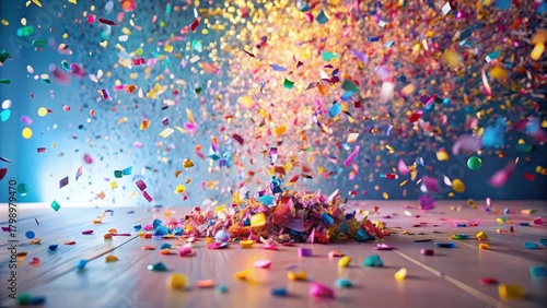 A vibrant explosion of multicolored confetti raining down onto a wooden surface, creating a festive and joyful atmosphere