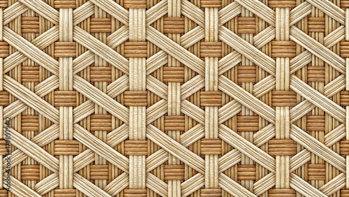 Intricate Woven Pattern Featuring Interlacing Light and Dark Brown Strips, Creating a Complex Geometric Design Ideal for Backgrounds and Textures