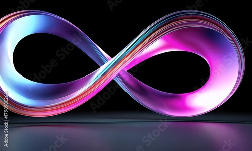 Abstract iridescent infinity symbol shape with flowing metallic ribbons and vibrant color gradients against a dark background with subtle reflections on a glossy surface