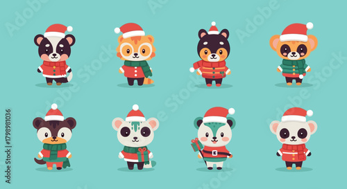 Eight cartoon forest animals wearing Christmas