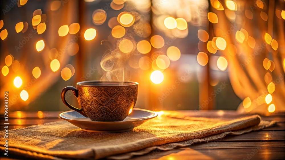 Obraz premium Warmth, comfort, and a steaming cup of beverage at sunset's golden hour