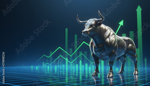 A powerful metallic bull stands before a glowing green financial chart with an upward arrow, symbolizing a bullish stock market and economic growth