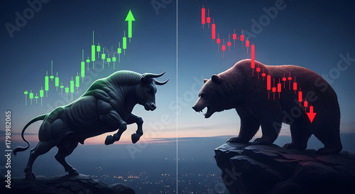 Bull and Bear Market Financial Growth and Decline Illustration, symbolizes bullish vs bearish in the stock market