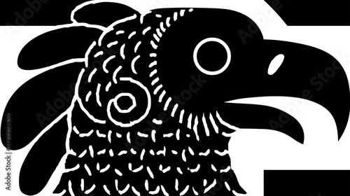 Stylized Black and White Eagle Head Illustration in Profile, Graphic Design Element with Ancient Tribal Art Influence