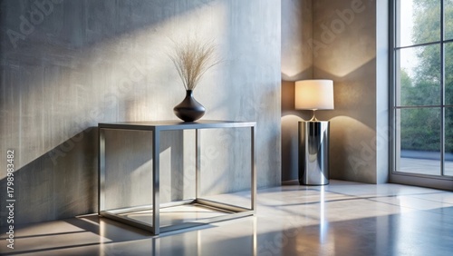 Modern minimalist interior design featuring a sleek metal side table, a simple vase with dried floral arrangement, and a contemporary floor lamp, bathed in soft natural light