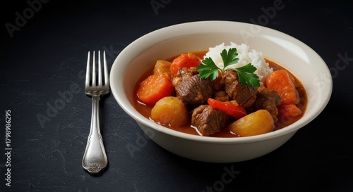 Hearty and savory bowl of traditional central european paprika stew, featuring slow cooked beef and root vegetables, ready for serving, goulash, meat, appetizer