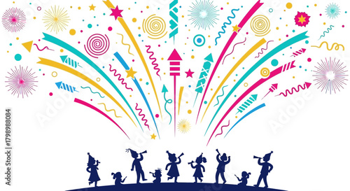 Joyful silhouettes of children celebrating with colorful fireworks and party streamers against a white background