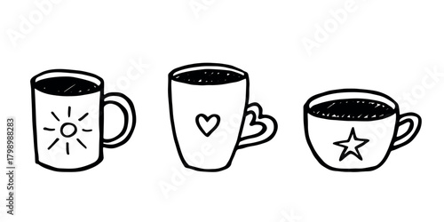 Set of cute hand drawn cup of tea or coffee Simple mug clipart Cozy home doodle Single element for design