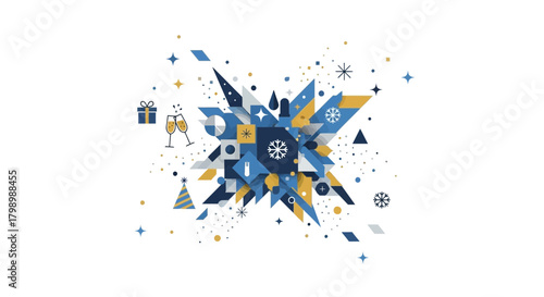 Geometric abstract explosion of festive elements with snowflakes champagne glasses and gift box on white background