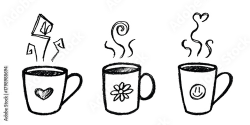 Set of cup of tea or coffee with rising steam Simple mug clipart Cozy home doodle Single element for print, web, design, decor