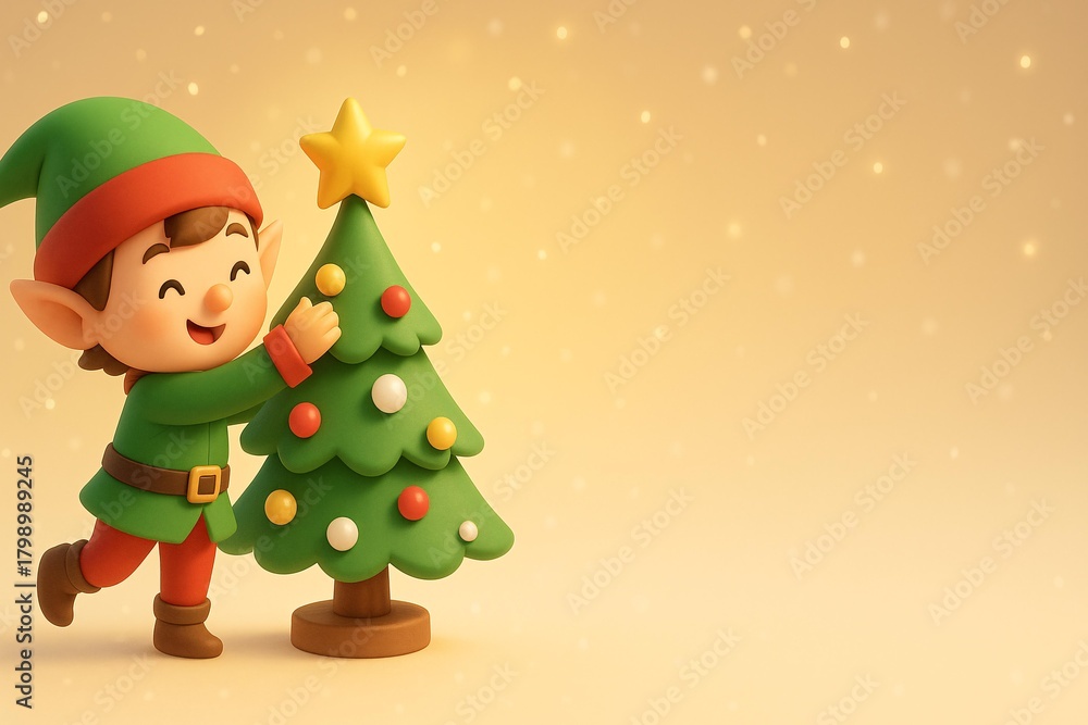 Fototapeta premium Festive 3D Christmas Background with Cheerful Elf and Decorated Tree