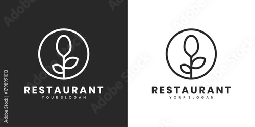 Vegan restaurant logo design with spoon and leaf icon