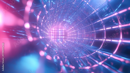 Fototapeta Naklejka Na Ścianę i Meble -  Abstract glowing grid tunnel representing data travel