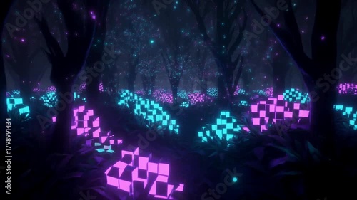 Enchanted Forest Floor with Glowing Neon Cubes Animation.