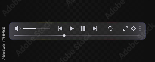 Video player bar or audio control panel in liquid glass style