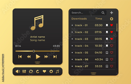 Music audio player with gold buttons. Vector