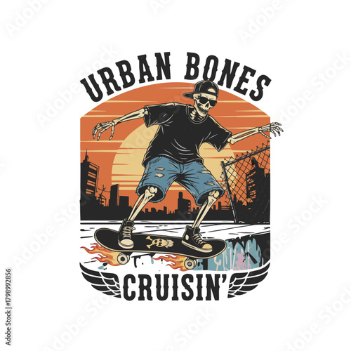 skeleton riding skateboard, street style t-shirt design.svg