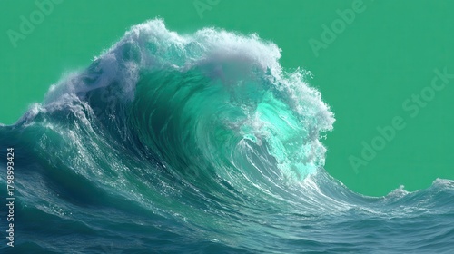 Fototapeta Naklejka Na Ścianę i Meble -  Massive ocean wave crashing dramatically against the turquoise background during a sunny day