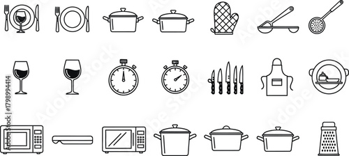 Collection of hand drawn black and white kitchen and cooking utensils and appliances on a white background