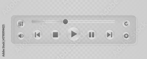 Vector simple audio or video player for playback with buttons and progress loading bar in glass style