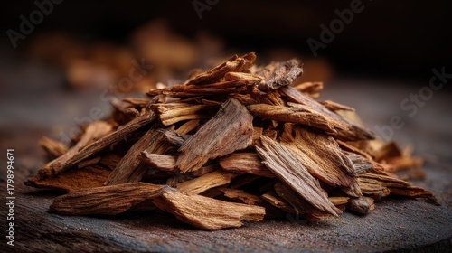 Natural wood chips arranged on a dark wooden surface showcasing texture and earthy colors