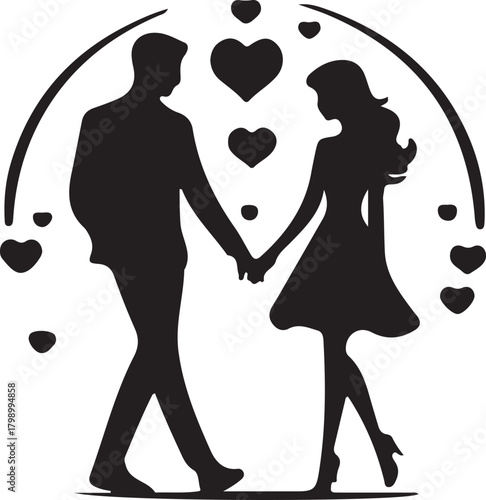 Romantic couple embracing in a heart shape with abstract elements