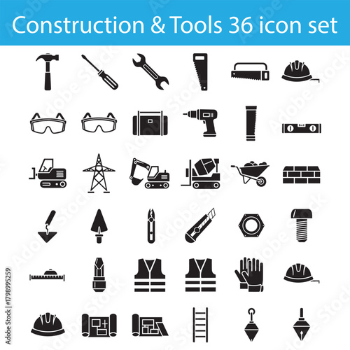 36 Construction & Tool Icons – Black Silhouettes for Engineering, Safety Equipment & Interface Design